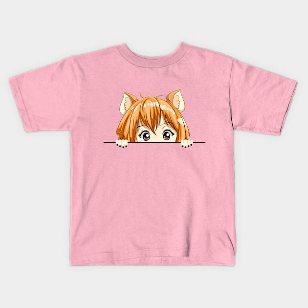 Anime Cat Girl Peeker Kids T-Shirt by PlayfulPandaDesigns